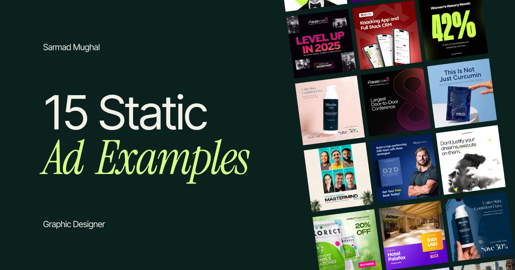 15 static Meta ad examples designed by Sarmad Mughal for B2B and DTC brands